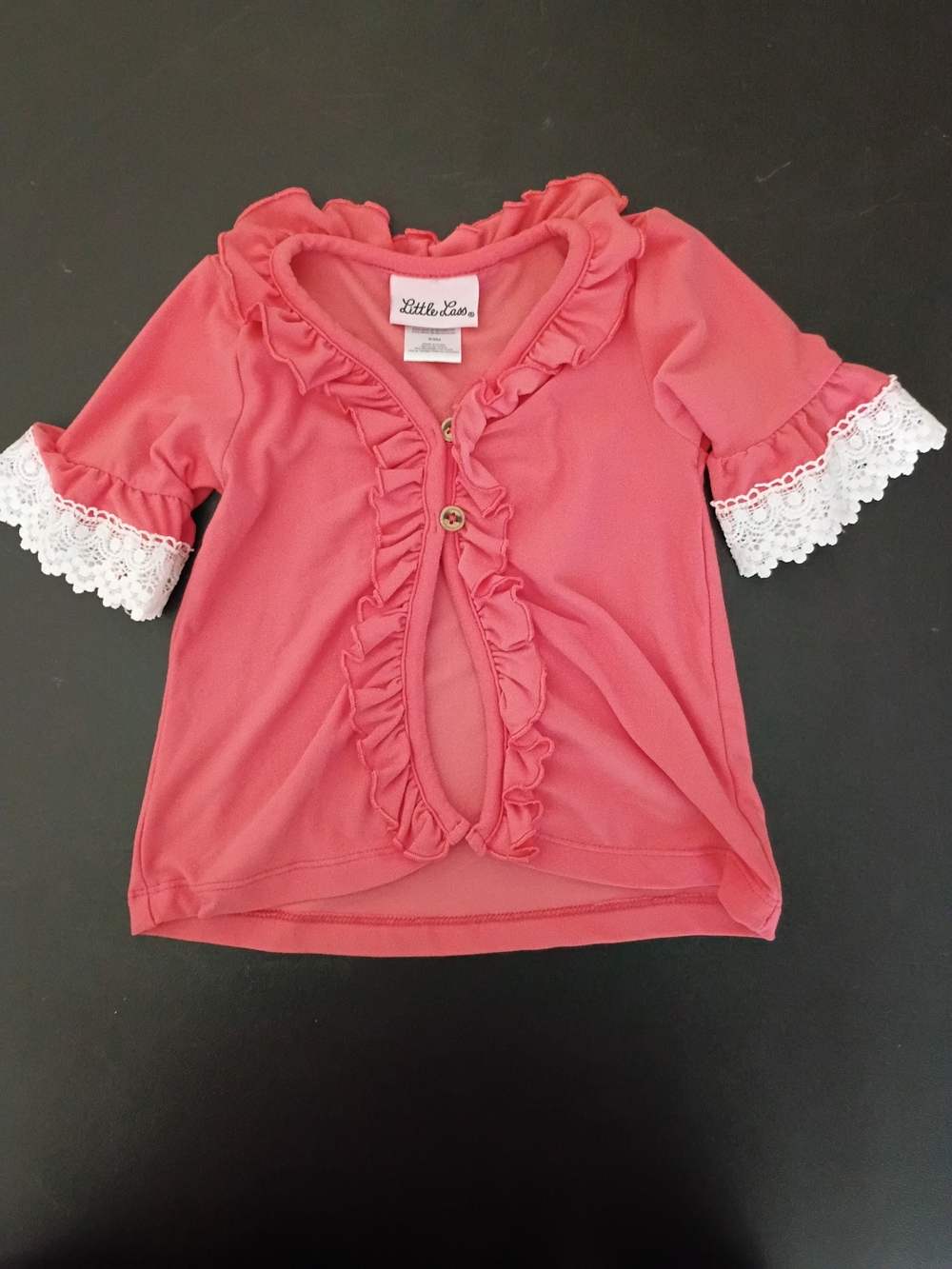 Little Lass Baby Girls Coral Pink Ruffled Cardigan Lace Trim Sleeve Short - (Siz